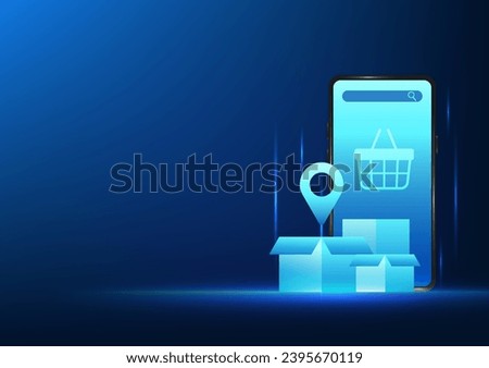 E-commerce technology Mobile phone with a basket and box on the screen Showing the business of opening an online store. Let customers order products through the app and have the products delivered.