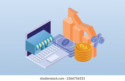 E-commerce technology and online sales.on blue background.3D design.isometric vector design Illustration.