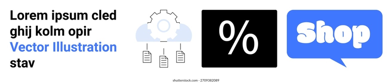 Comercio electrónico, tecnología, soluciones de almacenamiento, marketing, promociones, compras en línea. Configuraciones en la nube, ícono porcentual y burbuja de discurso en la tienda. Comercio electrónico y tecnología para soluciones digitales y minoristas