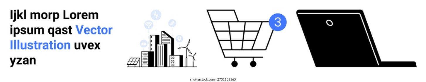 E-commerce, technology, sustainability, shopping tools, smart services, urban concepts. Shopping cart with notification, laptop city skyline with wind turbines. E-commerce and smart services concept