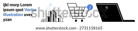 E-commerce, technology, sustainability, shopping tools, smart services, urban concepts. Shopping cart with notification, laptop city skyline with wind turbines. E-commerce and smart services concept