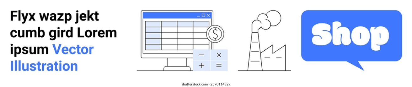 E-commerce theme with computer screen displaying financial data, calculator, and factory. Ideal for e-commerce, technology, manufacturing, finance, and web development. Banner for landing page