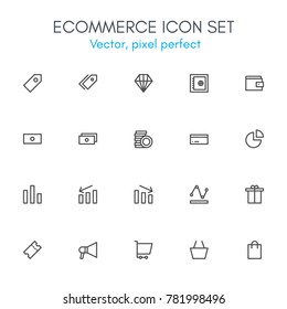 Ecommerce theme, line icon set. Pixel perfect, fully editable stroke, black and white, vector icon set suitable for websites, info graphics, and print media.