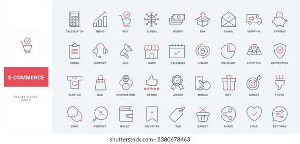 Ecommerce thin black and red line icons set vector illustration. Outline symbols of shop advertising, online purchases on sales in marketplace and web store, payment and delivery, customers review