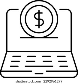 E-commerce thin line icon. Dollar coin falling in laptop screen. Vector illustration.