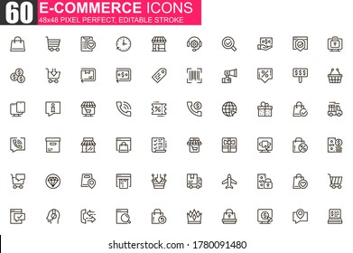 Conjunto de iconos de línea delgada de comercio electrónico. Pictogramas de esquema de compras en línea para sitio web y aplicación móvil GUI. Solicitud, pago y entrega simple UI, UX iconos vectoriales. Paquete de pictograma lineal perfecto de 48x48 píxeles.