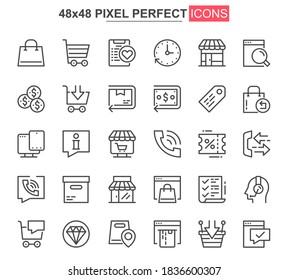 E-commerce thin line icon set. Online shopping outline pictograms for website and mobile app GUI. Order, payment and delivery simple UI, UX vector icons. 48x48 pixel perfect pictogram pack.