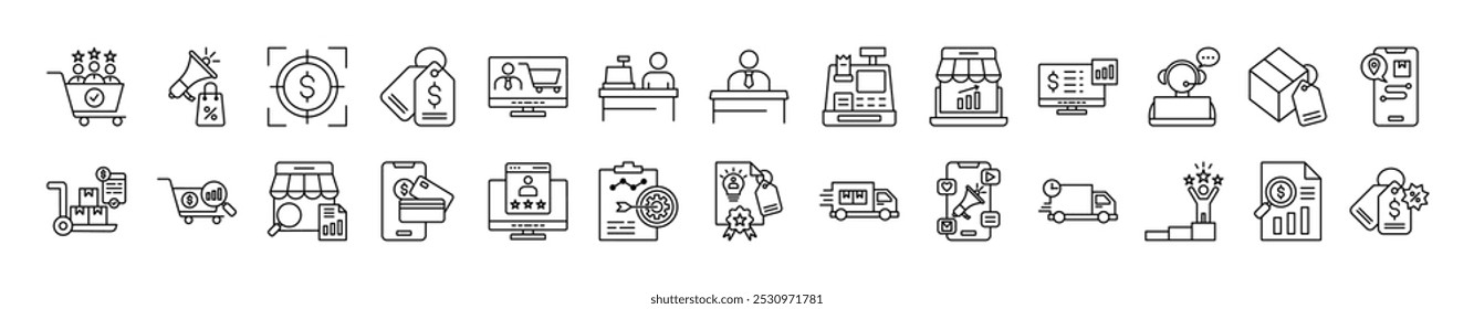 Ecommerce thin line icon set. Containing Customer Experience, Promotion, Focus, Pricing, Staff Ecommerce