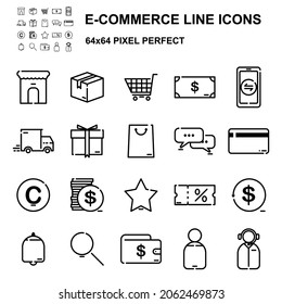 E-commerce thin line icons set. shopping online concept. Design for online sale and internet website banner. Simple outline style symbol collection. 64x64 pixel perfect.