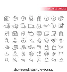 E-commerce thin line vector icon set. Online shopping, e commerce symbols. Store, delivery truck, courier outline icons, editable stroke.