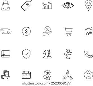 E-Commerce - Paquete de iconos de Vector de línea delgada. Pixel perfecto, trazo editable para móvil y Web. El conjunto contiene iconos: Comercio electrónico, compras en línea, compras, entrega, envío gratis, tienda, Internet.