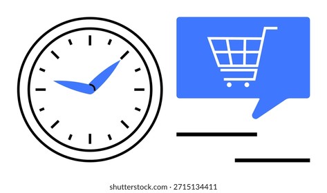 Comércio eletrônico, gerenciamento de tempo, varejo digital, conveniência on-line, produtividade, eficiência nas compras. Um relógio ao lado de um ícone de carrinho de compras. Conceito visual de gerenciamento de tempo e comércio eletrônico