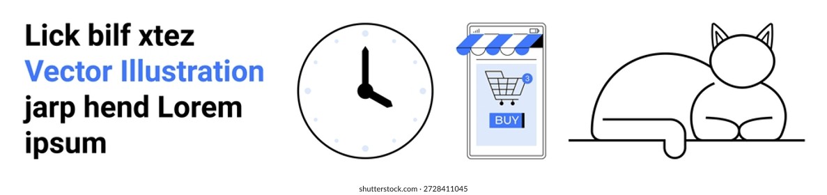 Comercio electrónico, gestión del tiempo, venta al por menor en línea, conveniencia de compras, relajación, estilo de vida en el hogar. Iconos minimalistas de un reloj, una tienda de teléfonos inteligentes y un gato. Comercio electrónico y gestión del tiempo visual