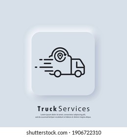 E-commerce. Track service. Truck shipping. Vector. UI icon. Fast delivery truck icon. Express delivery logo. Distribution service. Neumorphic UI UX white user interface web button. Neumorphism.