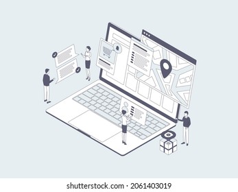 E-Commerce Rastreando Isometric Illustration Lineal Gray. Adecuado para aplicaciones móviles, sitio web, banner, diagramas, infografías y otros activos gráficos.