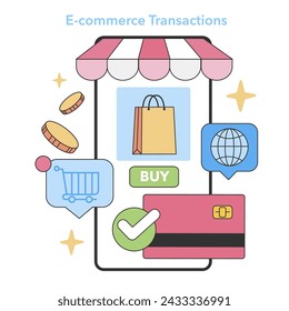 Konzept für E-Commerce-Transaktionen. Zeigt die Einfachheit und Sicherheit des Online-Shoppings, vom Einkaufswagen bis zur Bezahlung. Optimierter Kaufprozess. Flache Vektordarstellung