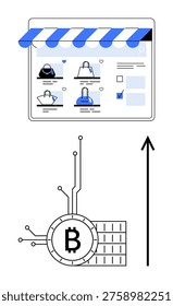 E-commerce trends, cryptocurrency payments, blockchain technology, digital financial growth, online transactions, and fintech solutions. Shopping website with Bitcoin symbol and upward arrow