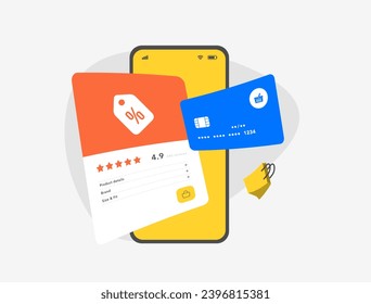 E-commerce trends shopping. Social Commerce, Sustainable Packaging, Research Online and Purchase Offline. Mobile phone with shopping bag, discount tag and bank card payment. Vector illustration