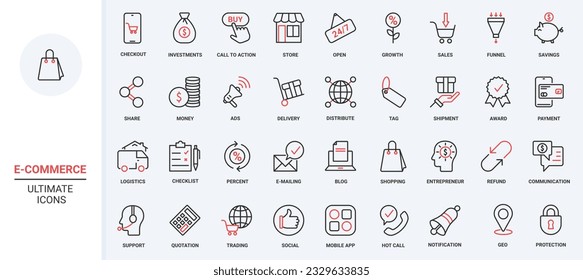 Ecommerce trendy red black thin line icons set vector illustration. Online business collection with mobile apps orders delivery and payment, customer support service communication, retail store sales