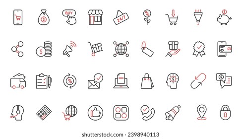 Iconos de la línea delgada roja de moda de Ecommerce establecen la ilustración vectorial. Colección de negocios en línea con aplicaciones móviles entrega y pago de pedidos, comunicación de servicio de atención al cliente, ventas de tiendas minoristas