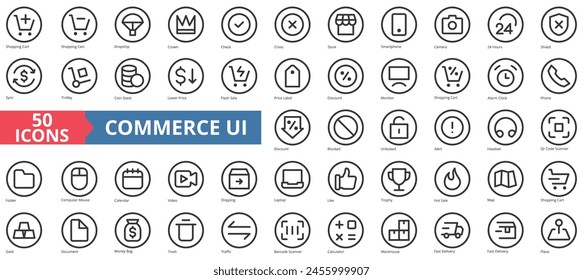 Ecommerce UI icon collection set. Containing shopping cart, dropship, crown, check, cross, store, smartphone icon. Simple line vector.