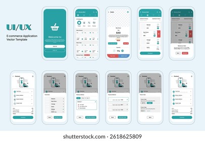Ecommerce UI UX mobile app template, Shopping app smartphone interface vector templates set. Online clothes store web page design layout. Pack of UI, UX, GUI screens for application. Phone display.