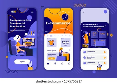 E-commerce unique design kit for social networks stories. Online shopping, internet marketplace platform mobile screens for app. UI UX layouts vector illustration. GUI set with people characters.