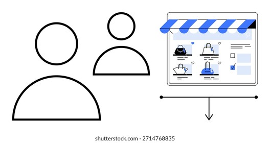 Comércio eletrônico, análise de usuários, marketing digital, experiência do cliente, negócios on-line, tecnologia de varejo. Dois ícones de usuário e uma vitrine digital exibindo produtos. Comércio eletrônico e análise de usuários