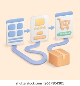 Ecommerce user experience process in 3D style showing product selection, add to cart, checkout, and delivery steps for online shopping vector illustration