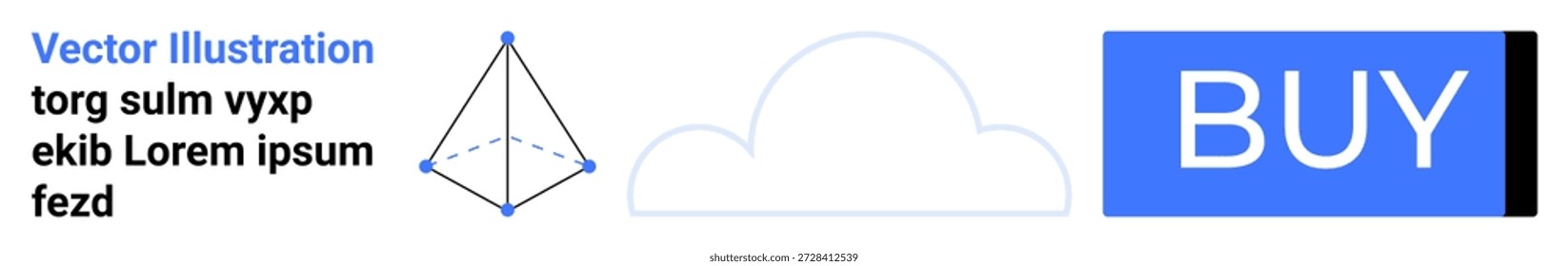 E-commerce, user interface, marketing, geometric design, cloud storage, online shopping. Features pyramid shape, cloud icon and Buy button. E-commerce and user interface concept illustrated