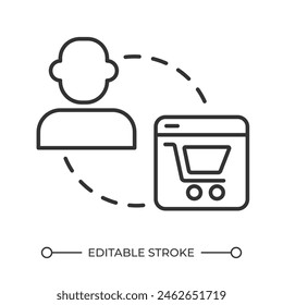 Ecommerce user linear icon. Online shopping. Digital marketplace. Ecommerce platform. Customer and online store. Thin line illustration. Contour symbol. Vector outline drawing. Editable stroke