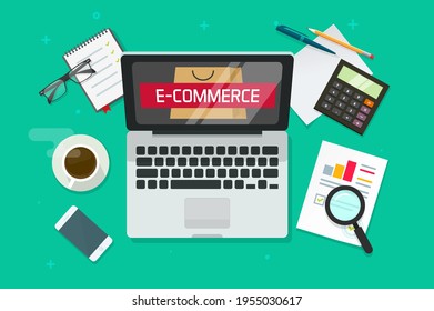 Ecommerce vector concept flat cartoon illustration, internet digital shop on laptop computer online with analysis research documents on top view working table desk