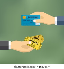 Ecommerce vector flat illustration. Hand with credit card and hand with cinema tickets.