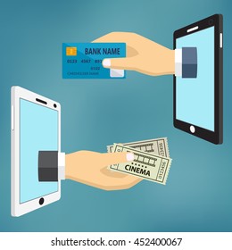 Ecommerce vector flat illustration. Hand with credit card and hand with cinema tickets.