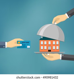 Ecommerce vector flat illustration. Hand hold credit card and hand hold cloche with house on it.