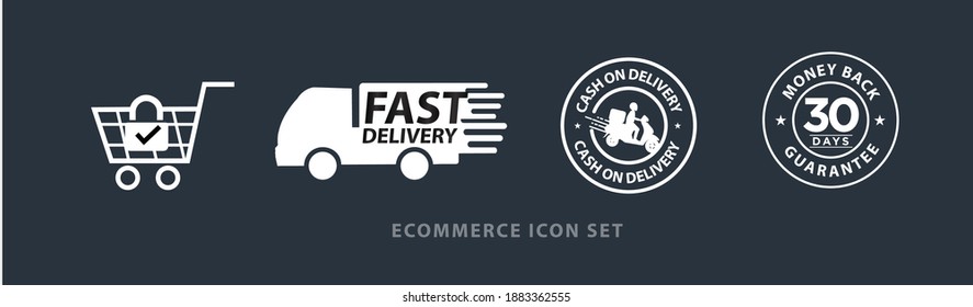 ecommerce vector icon set including, safe and secure shopping, fast delivery, cash on delivery, 30 days money back guarantee 