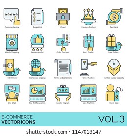 E-commerce vector icons. Customer review, budget list, premium product, cashback, mobile shopping, recommended, free delivery, worldwide shipping, terms and conditions, auction, live chat, analytics.