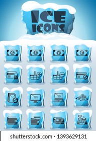 e-commerce vector icons frozen in transparent blocks of ice