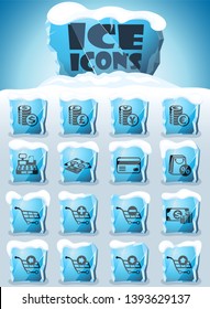 e-commerce vector icons frozen in transparent blocks of ice