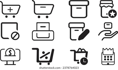 Iconos vectores de comercio electrónico. Iconos de compras en línea. Colección de iconos de compras. Elementos de pago. Comprar firmas de comercio electrónico para aplicaciones de desarrollo web. Tienda móvil, marketing digital, tarjeta bancaria, regalos.