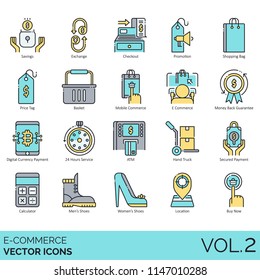 E-commerce vector icons. Savings, exchange, checkout, promotion, shopping bag, price tag, basket, mobile, money back guarantee, digital currency payment, 24 hours service, atm, hand truck, calculator.