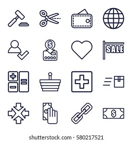 E-commerce vector icons. Set of 16 E-commerce outline icons such as money, globe, wallet, cash payment, shopping basket, plus, sale, add user, put money on card, heart