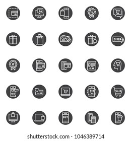 Ecommerce vector icons set, modern solid symbol collection, filled style pictogram pack. Signs, logo illustration. Set includes icons as credit card, computer display with shopping cart, calculator