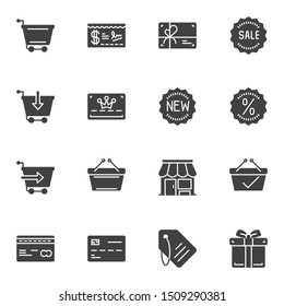 Ecommerce vector icons set, modern solid symbol collection, filled style pictogram pack. Signs, logo illustration. Set includes icons as online shopping, purchase cart, sale tag, discount label, store
