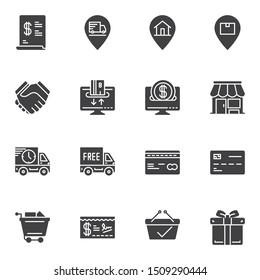 E-commerce vector icons set, modern solid symbol collection, filled style pictogram pack. Signs, logo illustration. Set includes icons as dollar check, express delivery, credit card, box, online shop