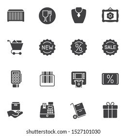 E-commerce vector icons set, modern solid symbol collection, filled style pictogram pack. Signs, logo illustration. Set includes icons as new sale, discount sticker, shopping basket, parcel delivery