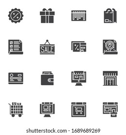 E-Commerce Vektorsymbole Set, moderne solide Symbolsammlung, Online-Shopping-gefülltes Piktogramm-Paket. Zeichen Logo-Illustration. Set enthält Symbole wie Discount-Label, Einkaufstasche, Paketverfolgung