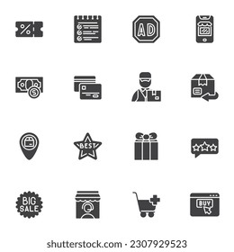 E-commerce vector icons set, modern solid symbol collection, filled style pictogram pack. Signs, logo illustration. Set includes icons as online shopping, big sale, online buy, delivery service, gift