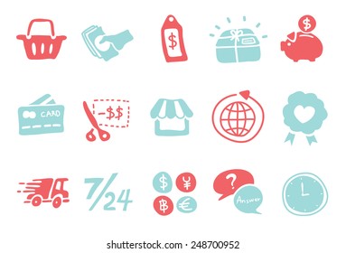 E-commerce vector illustration icon set. Included the icons as cute doodle, shopping, coupon, currency, delivery, sale and more.