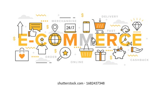 E-commerce. Vector illustration of online shopping and retail with icons and text for app, web, graphic design, banner, background, websites, infographics, advertisement. Shopping bonus system. 